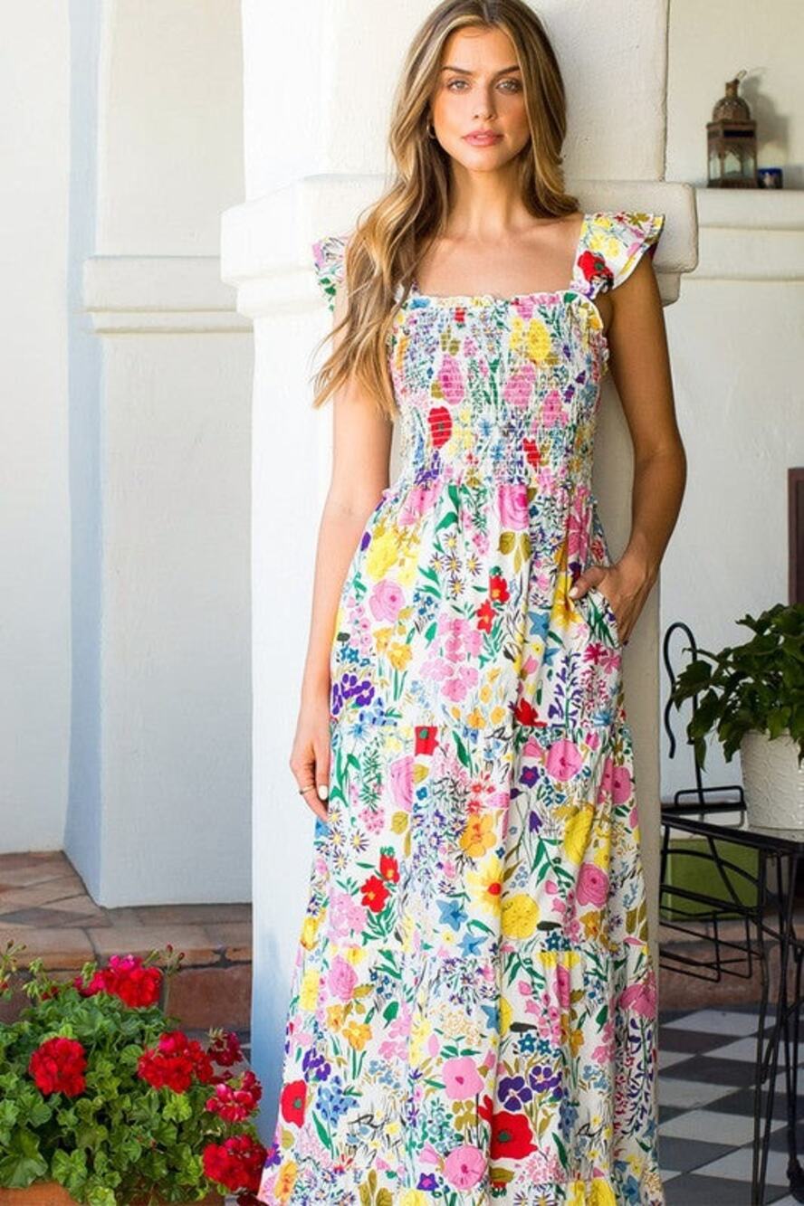 THML Ruffle Wild Garden Fun Colorful Bright 100% Cotton Maxi Dress Size Medium